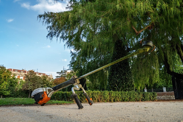 Kosa spalinowa oparta o ziemię w parku na tle zielonych drzew i architektury.
