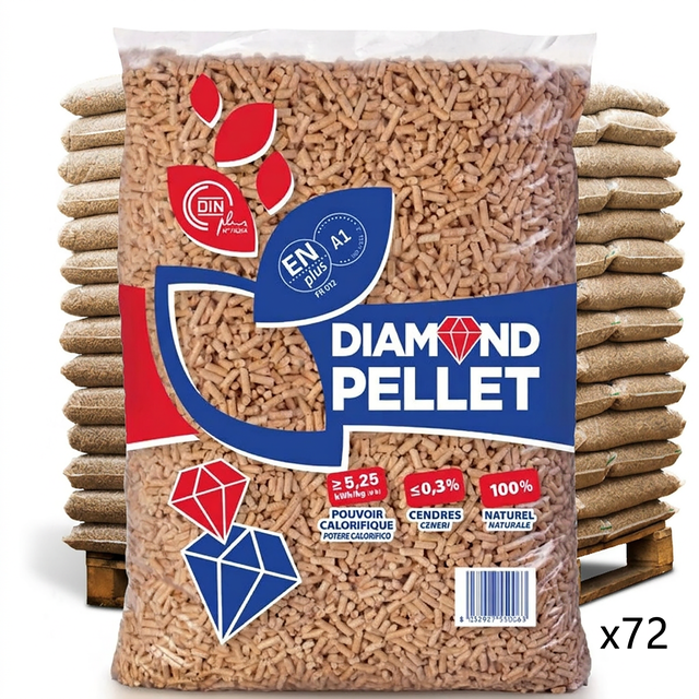 Bancale 1080 kg pellet Diamond in abete ENplus A1, 72 sacchi da 15 kg