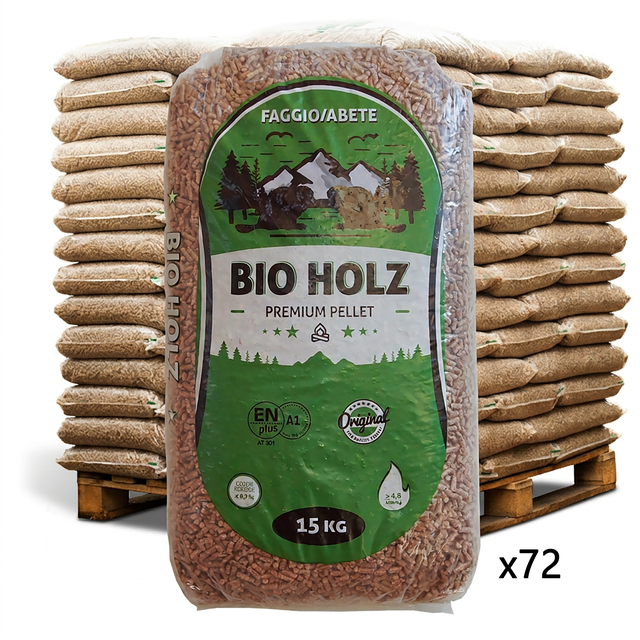 Bancale 1.080 kg pellet Bio Holz Premium Verde, abete e faggio, ENplus A1, 72 sacchi da 15 kg