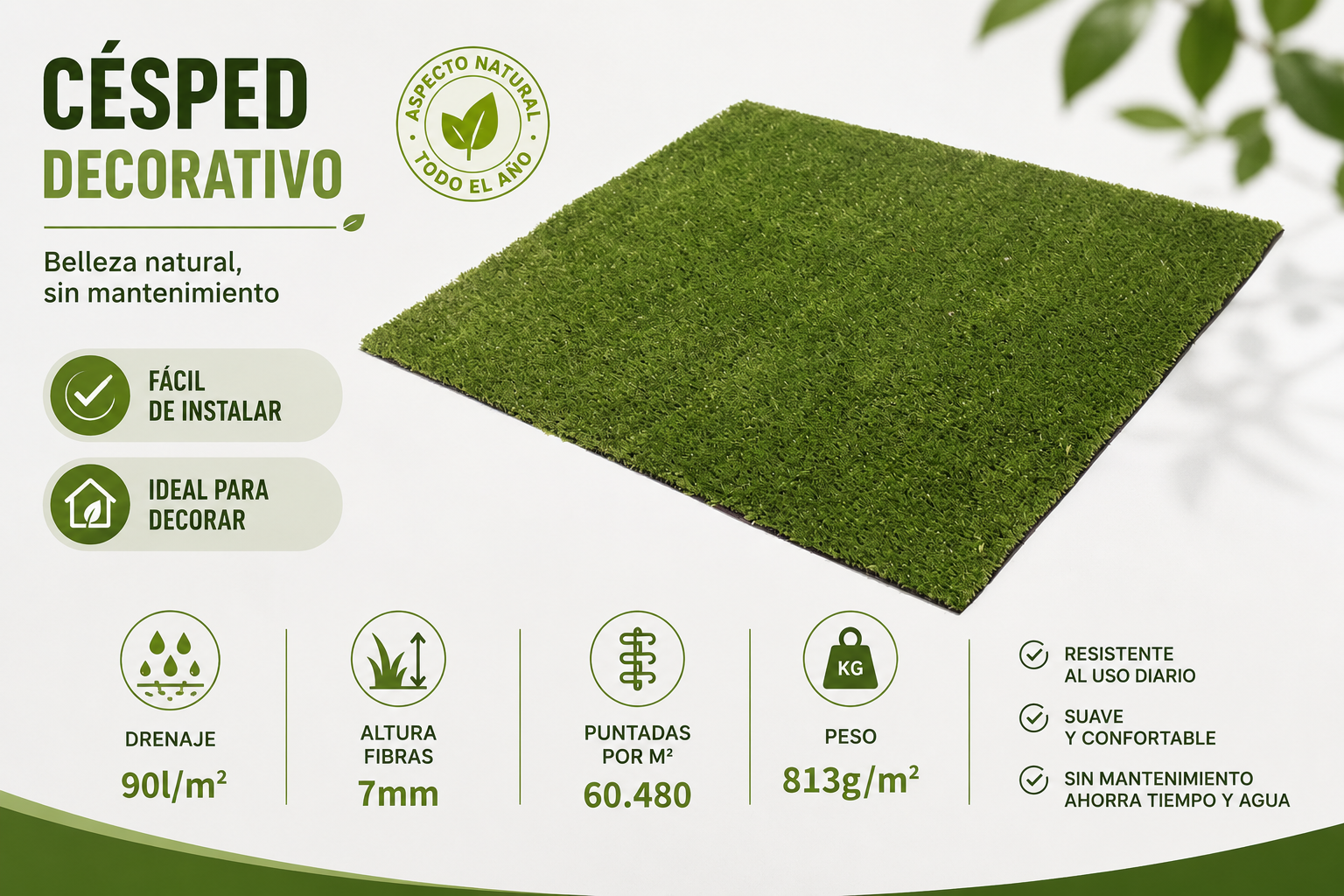 Rollo de Césped artificial XAMANEK Pradera 2x10m de 7 mm de altura de fibras y 60480 puntadas m2 - 3