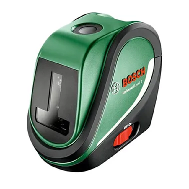 Kompaktowy laser krzyżowy Bosch w zielono-czarnej obudowie z czerwoną dźwignią włącznika.