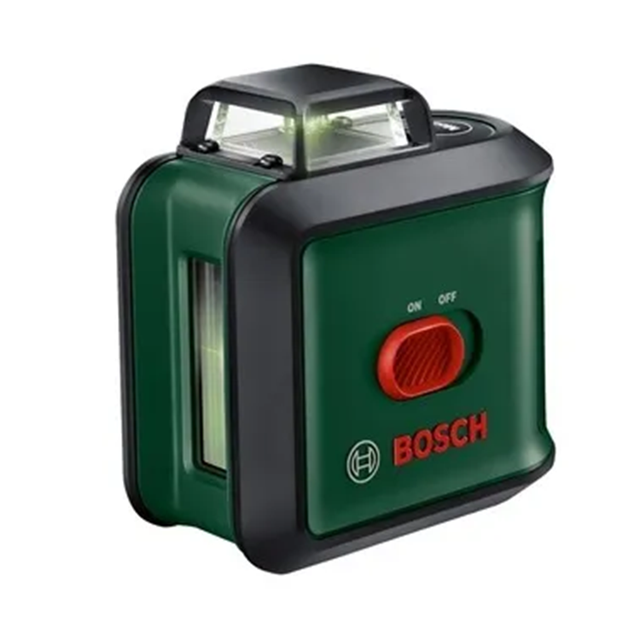 Ciemnozielony laser krzyżowy Bosch z czarnym wykończeniem i czerwowym przyciskiem zasilania.