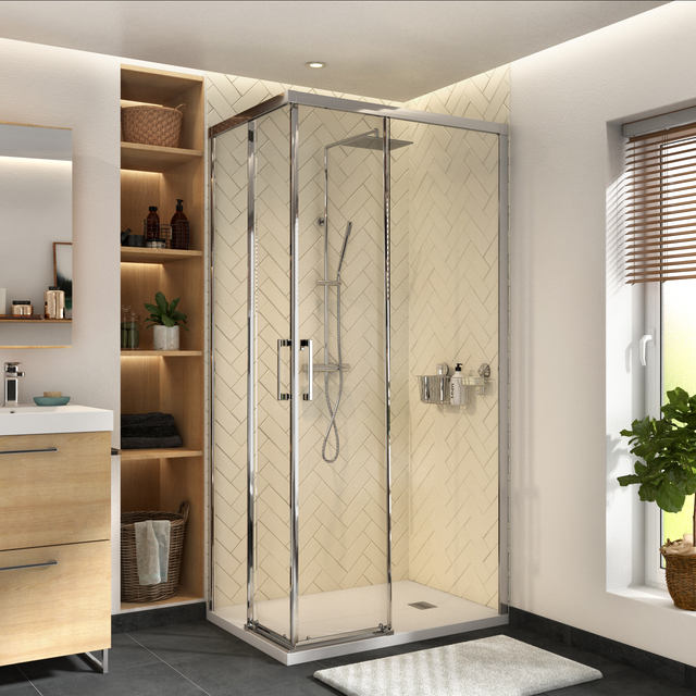 Box doccia angolare con porta scorrevole, vetro 6 mm, L 87.5-89.5 cm x L 67.5-69.5 cm, H 195 cm, cromo Remix