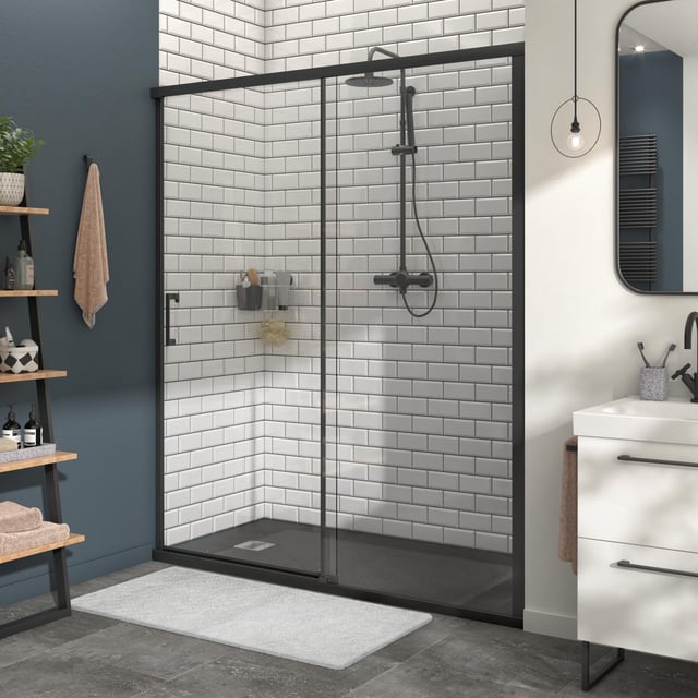 Porte de douche coulissante transparent, noir 160 cm, Remix