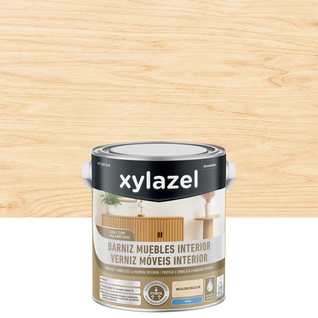 Barniz de madera interior XYLAZEL en color incoloro, acabado mate para mobiliario y puertas líquido de 2.5 litros. Base agua.