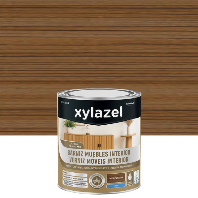 Barniz de madera interior XYLAZEL en color Nogal, acabado mate para mobiliario y puertas líquido de 750 ml. Base agua.
