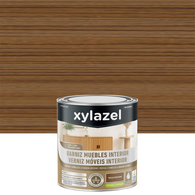 Barniz de madera interior XYLAZEL en color nogal, acabado satinado para mobiliario y puertas líquido de 250 ml. Base agua.