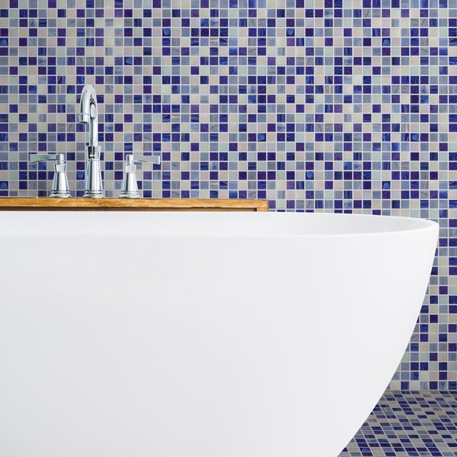 Piastrella Mosaico in vetro Chiffon blu e bianco e azzurro satinato L 30 x L 31.8cm x Sp. 4 mm