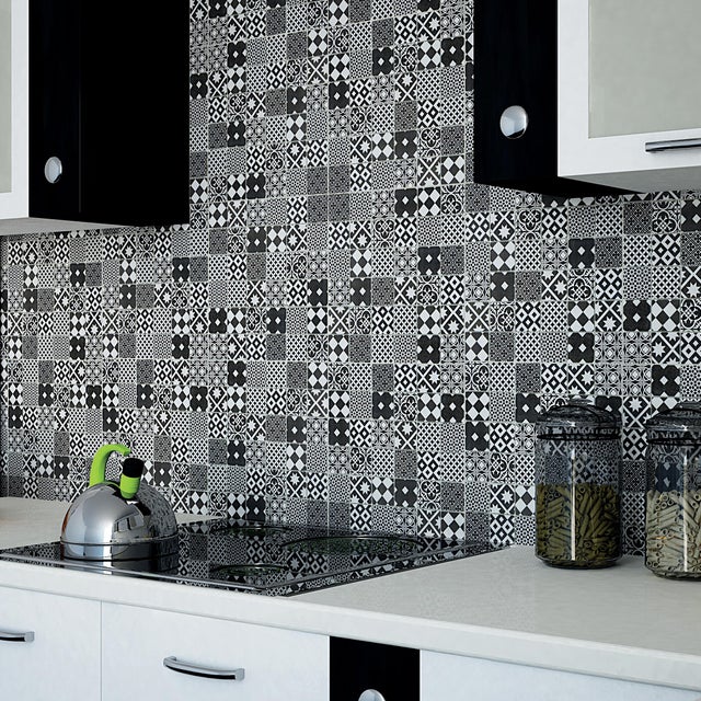 Piastrella Mosaico in vetro Cementina bianco e nero opaco L 30 x L 30cm x Sp. 8 mm