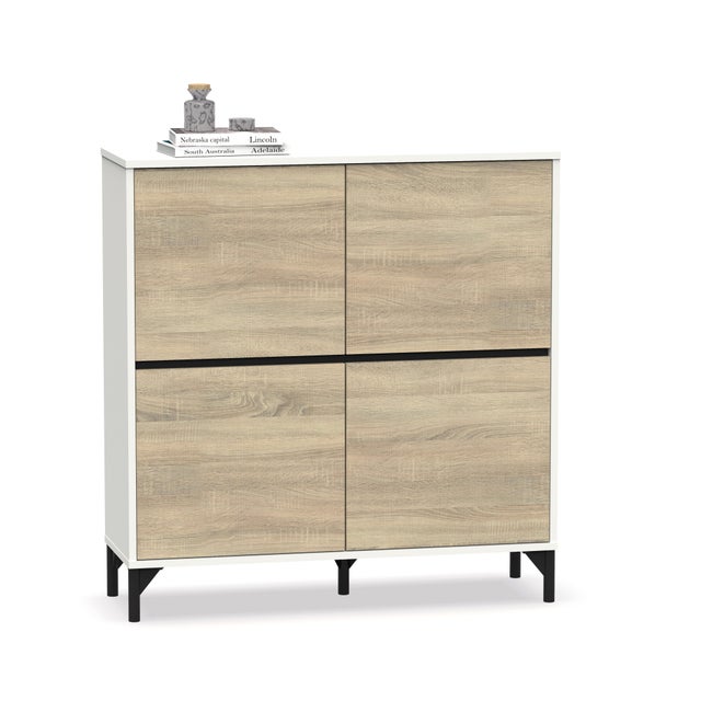Zapatero Tokyo con 4 compartimentos para 20 pares en melamina color roble/blanco 96.5x101x33 cm