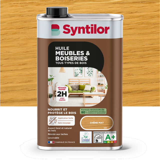 Huile bois intérieur SYNTILOR, chêne Meubles et boiseries biosourcée mat, 0.5l
