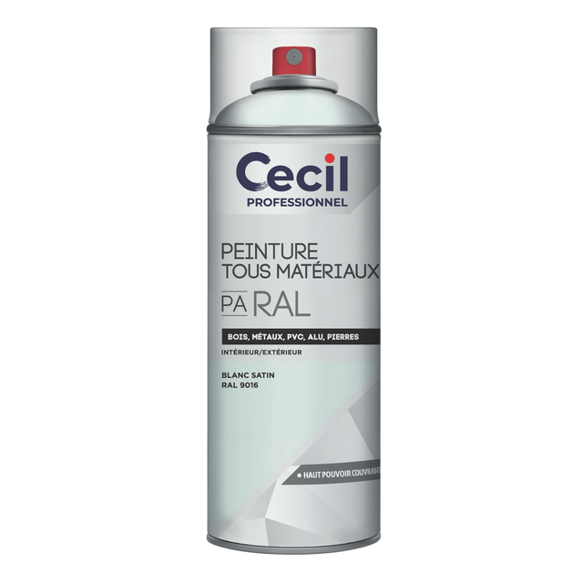 Peinture aérosol tous matériaux int/ext blanc satin RAL9016 400 ml - CECIL PRO