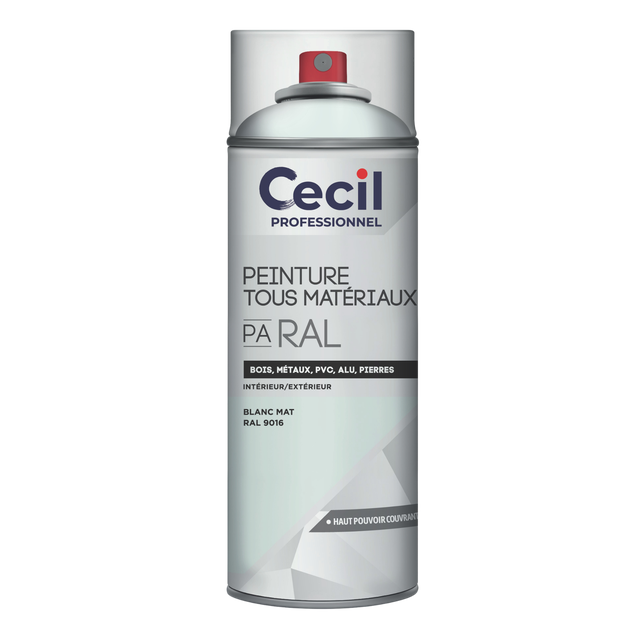 Peinture aérosol tous matériaux int/ext blanc mat RAL9016 400 ml - CECIL PRO