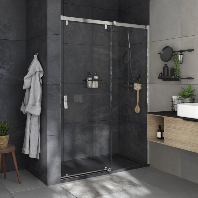 Porta doccia scorrevole L 116.6-119.6 cm x H 200 cm per nicchia in vetro trasparente SP. 8 mm, profilo lucido cromo, serie Neo