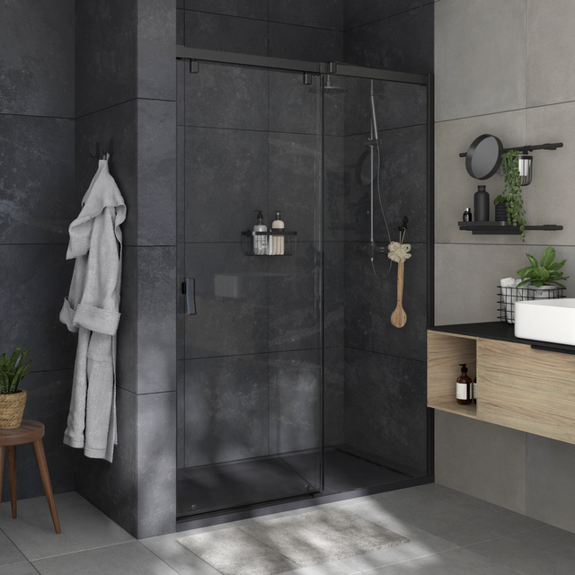 Porta doccia scorrevole L 136.6-139.6 cm x H 200 cm per nicchia in vetro trasparente SP. 8 mm, profilo opaco nero, serie Neo