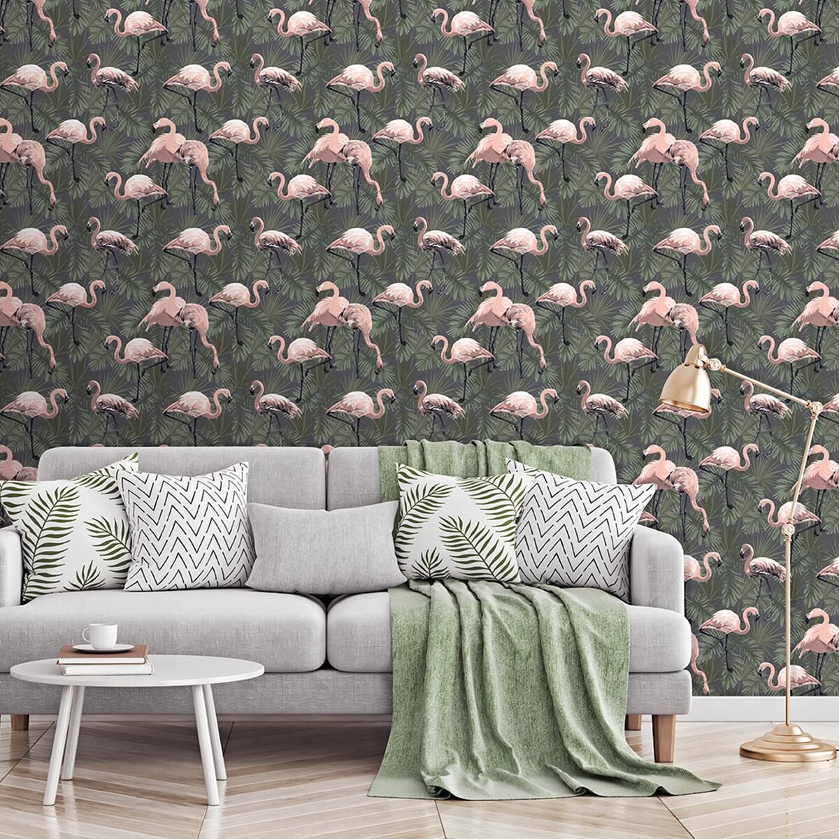 Carta da parati Fenicotteri E Felci rosa e verde, 53 cm x 10 m - 6