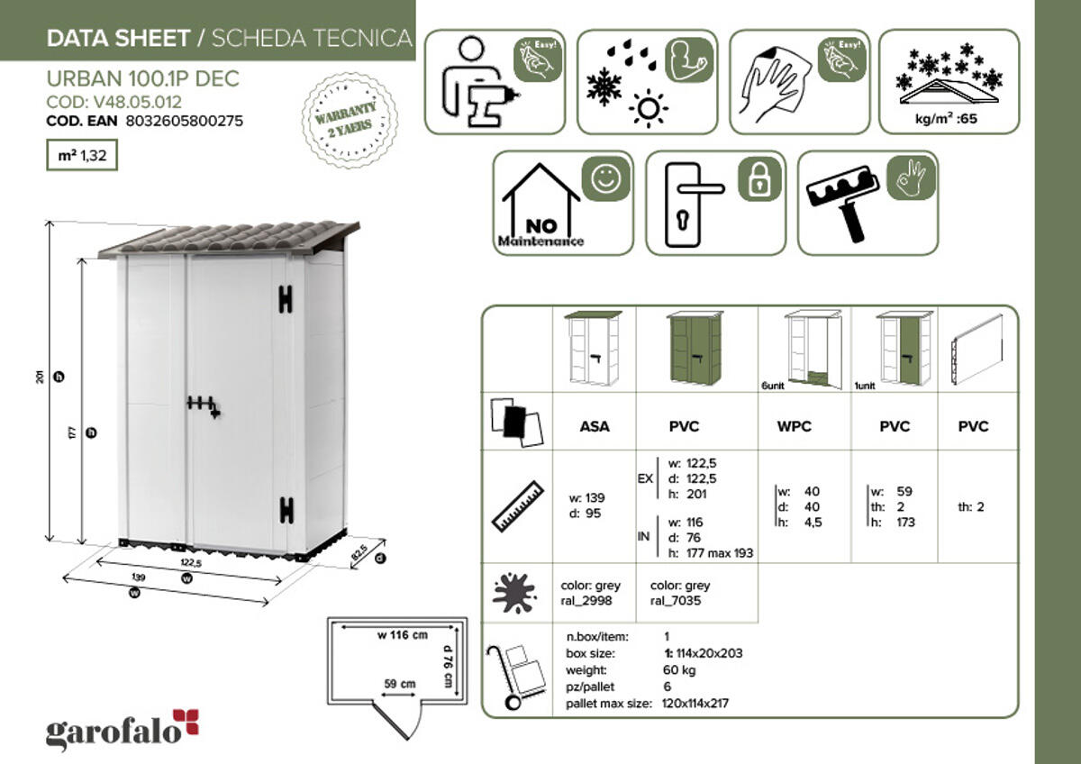 Casetta da giardino GAROFALO Urban S in PVC grigio con porta battente semplice, superficie interna 0.88 m² e spessore parete 20 mm, con pavimento - 8