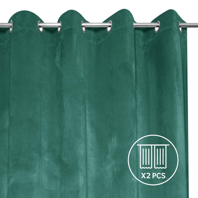 Set 2 Cortinas ollaos Tony poliéster terciopelo de 300x280cm INSPIRE liso verde exotic. Incluye cinta termoadhesiva
