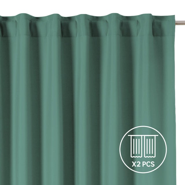 Set 2 Cortinas cinta frunce, trabillas Pharell poliéster algodón de 300x280cm INSPIRE liso verde cactus. Incluye cinta termoadhesiva