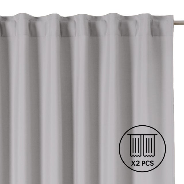 Set 2 Cortinas cinta frunce, trabillas Pharell poliéster algodón de 300x280cm INSPIRE liso gris granito. Incluye cinta termoadhesiva