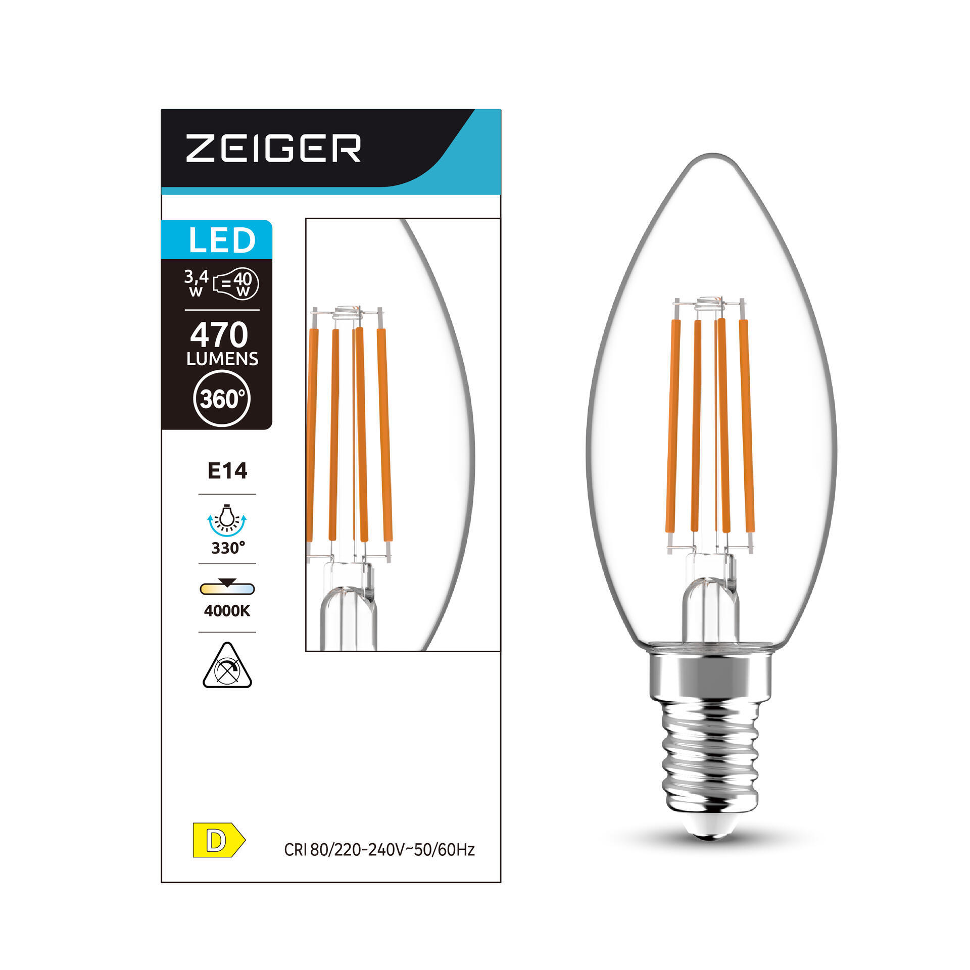 BOMBILLA LED VELA E14 FILAMENTO 470LM 3.4W LUZ NEUTRA - 3