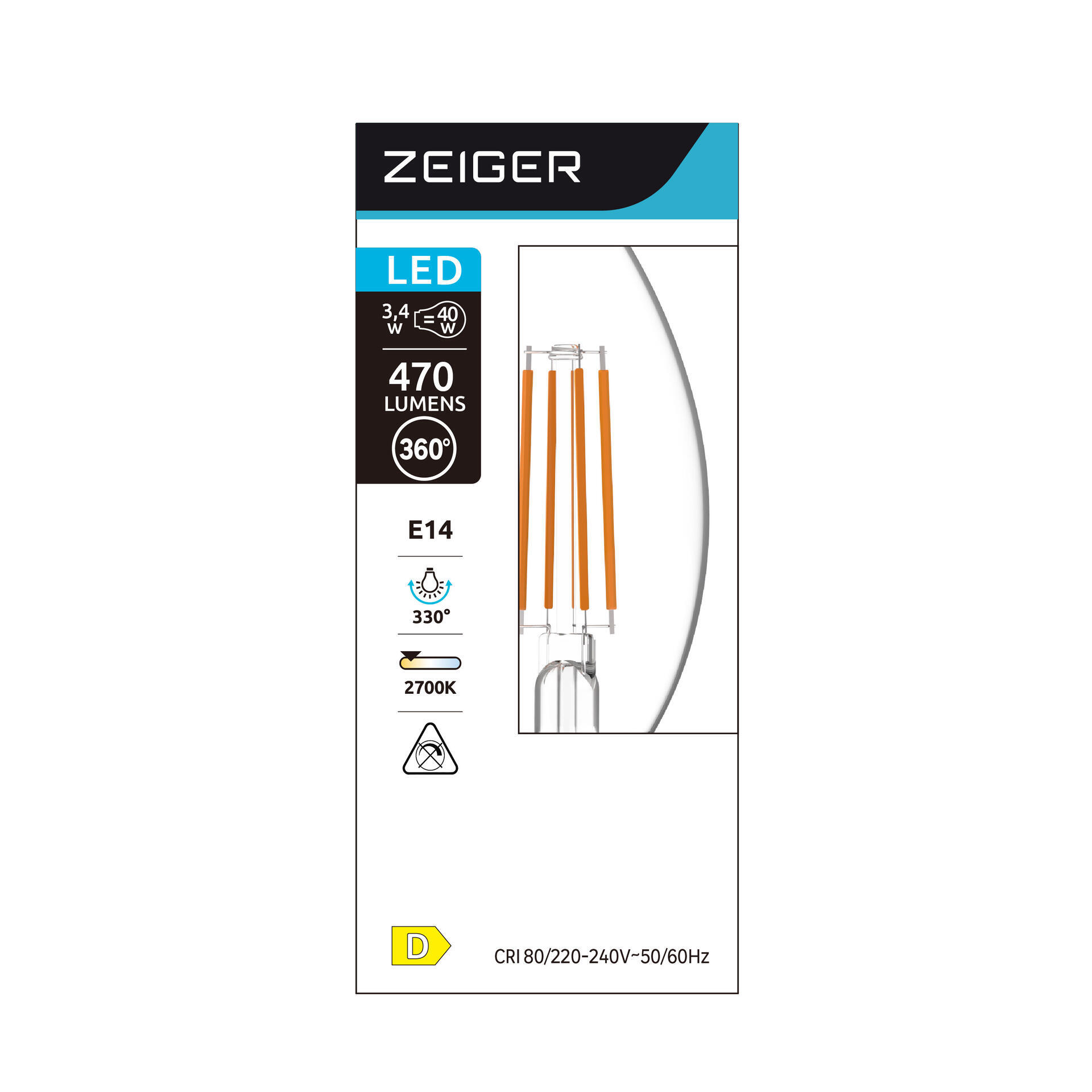 BOMBILLA LED VELA E14 FILAMENTO 470LM 3.4W LUZ CALIDA - 2