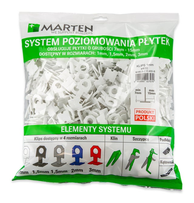 Marten system poziomowania klipsy białe 1mm 400 szt.
