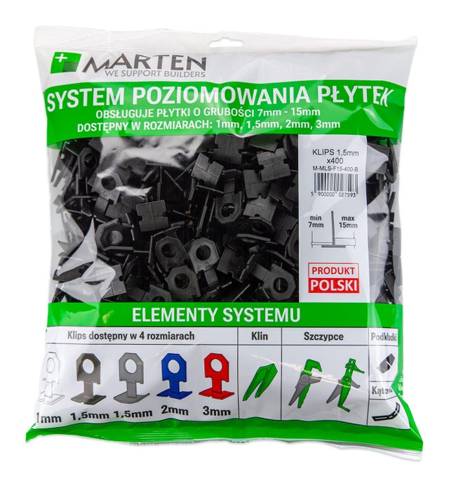 Marten system poziomowania klipsy czarne z płaską podstawą 1,5 mm  400 szt.