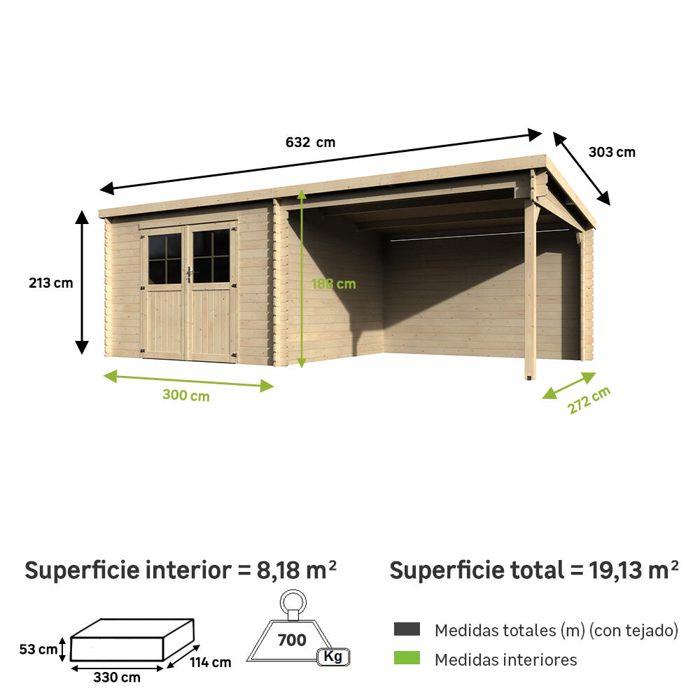 caseta de madera eden de 632x213x303 cm y 1913 m2 con 28 mm espesor y doble puerta abatible decor et jardin