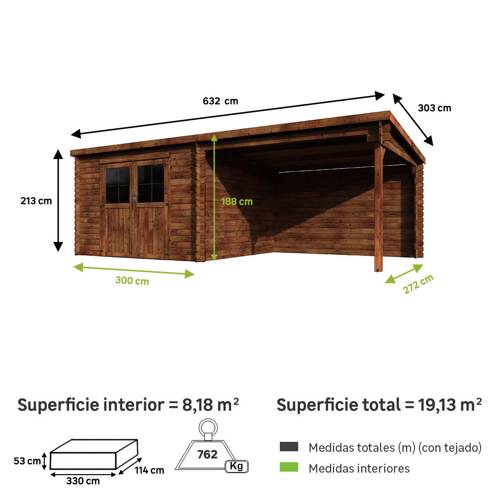 caseta de madera eden tratada de 632x213x303 cm y 1913 m2 con 28 mm espesor y doble puerta abatible decor et jardin