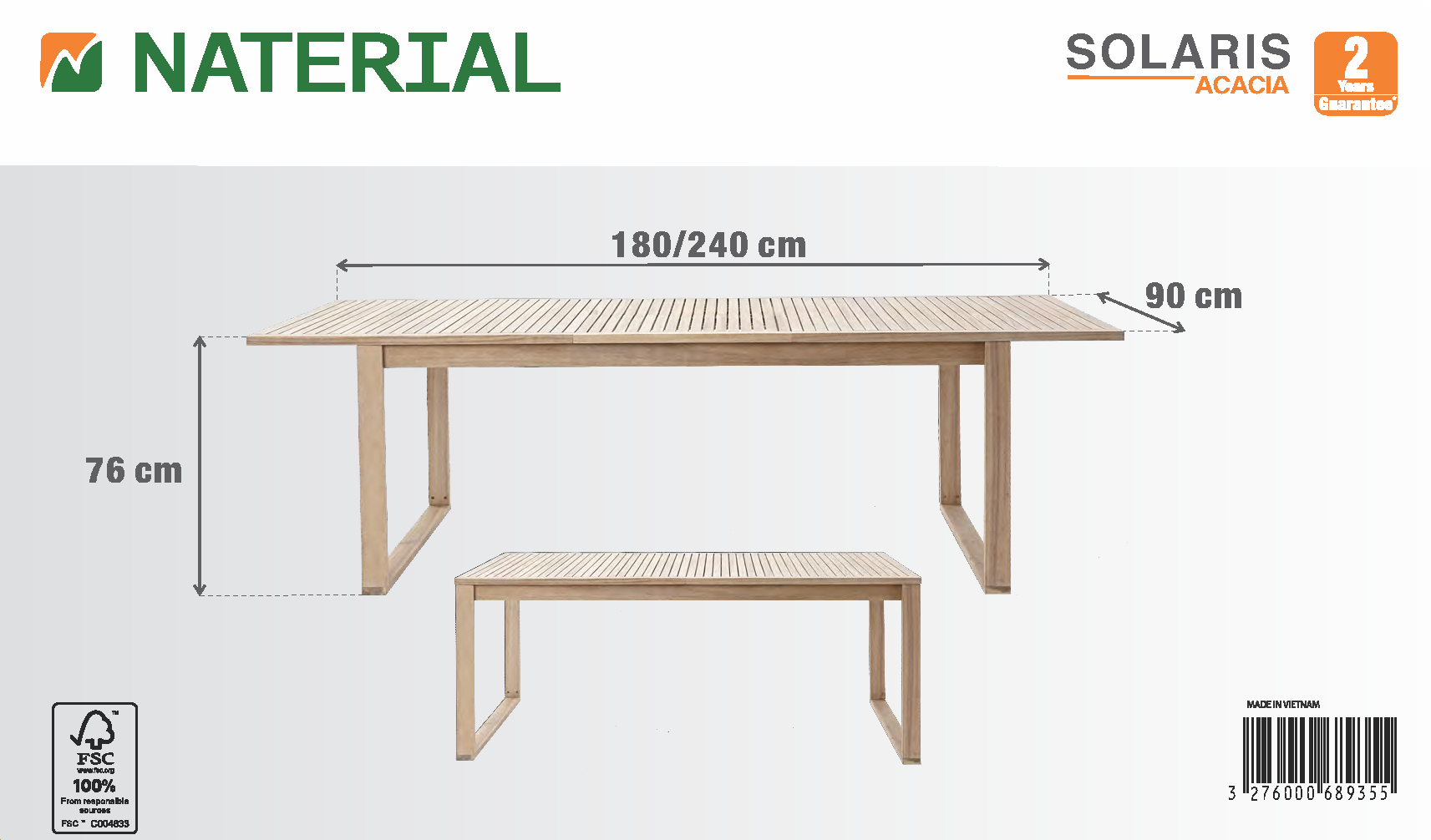 Tavolo allungabile da esterno rettangolare in acacia naturale 8 posti L da 180 a 240x90cm, Solaris NATERIAL - 34