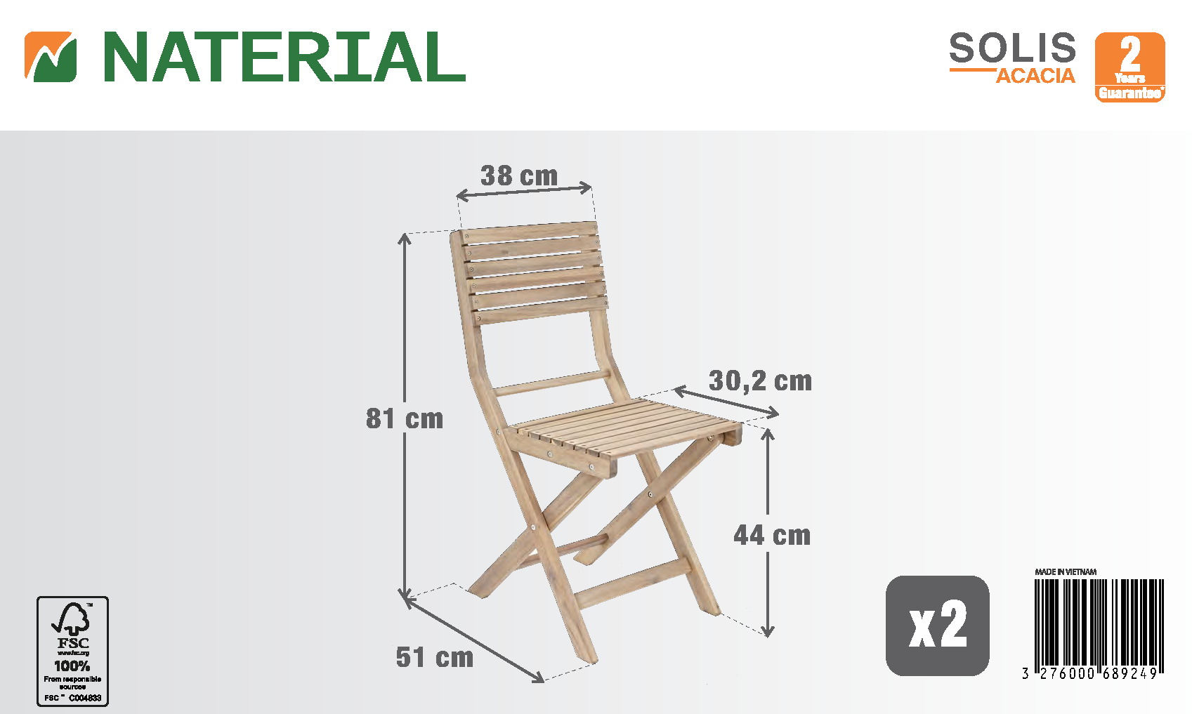 Sedia da giardino in legno pieghevole Solis Origami NATERIAL, seduta in acacia marrone, 2 pezzi - 17