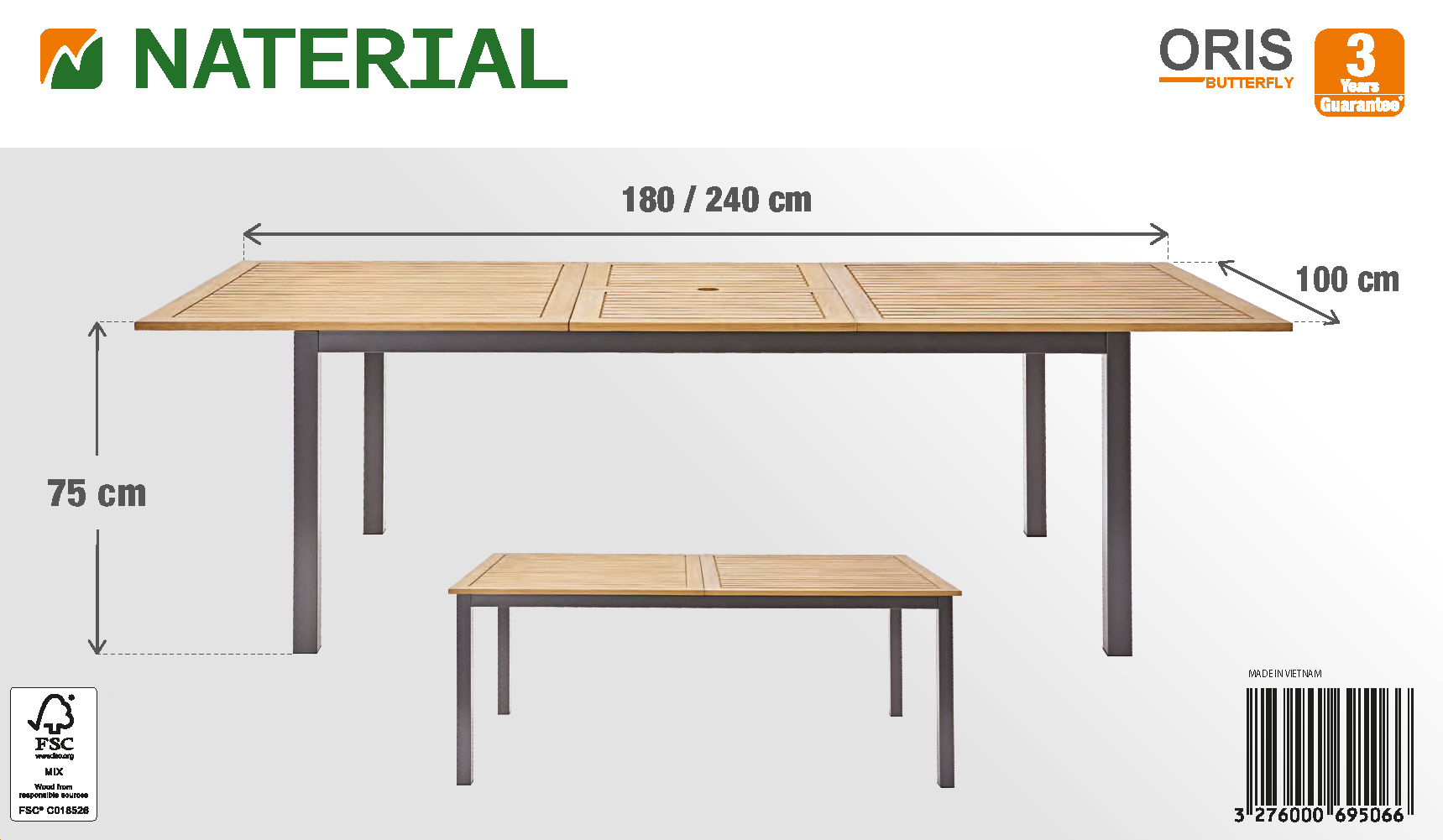 Tavolo da giardino allungabile Oris NATERIAL in alluminio grigio con piano in eucalipto per 6 persone 180/240x100cm - 22