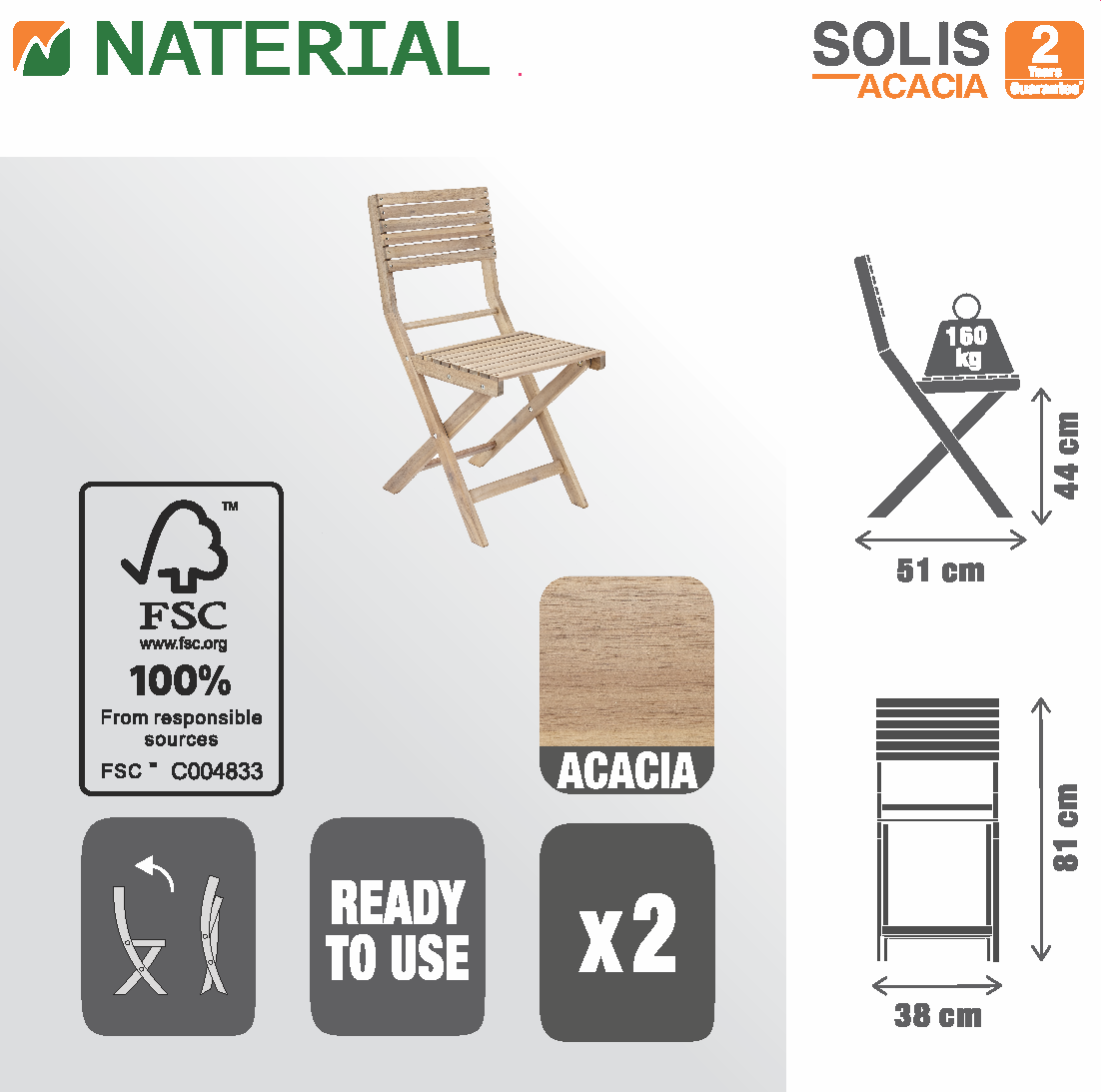 Sedia da giardino in legno pieghevole Solis Origami NATERIAL, seduta in acacia marrone, 2 pezzi - 18