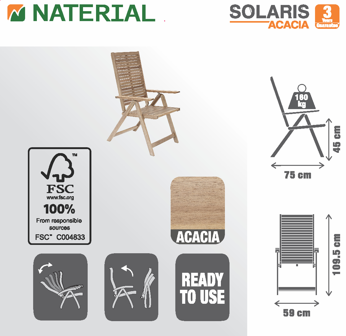 Sedia da giardino in acacia con braccioli pieghevole Solaris NATERIAL, seduta in acacia beige - 21