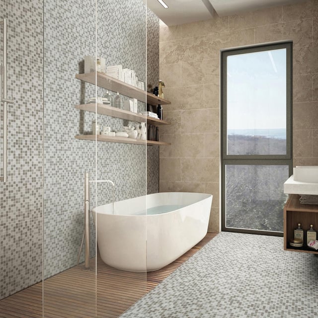 Mosaico in vetro Dune20 beige satinato L 30 x L 31.8cm x Sp. 4 mm, 10 pezzi