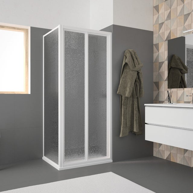 Porta doccia pieghevole L 84-90 cm x H 185 cm per nicchia in acrilico smerigliato SP. 2.8 mm, profilo lucido bianco, serie Opale