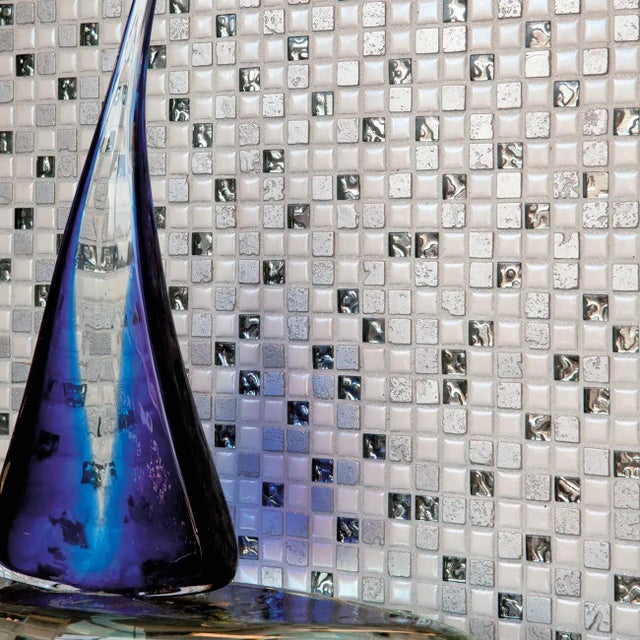 Piastrella Mosaico in pietra Crystal bianco e grigio quarzo lucido L 30 x L 30cm x Sp. 8 mm, 11 pezzi