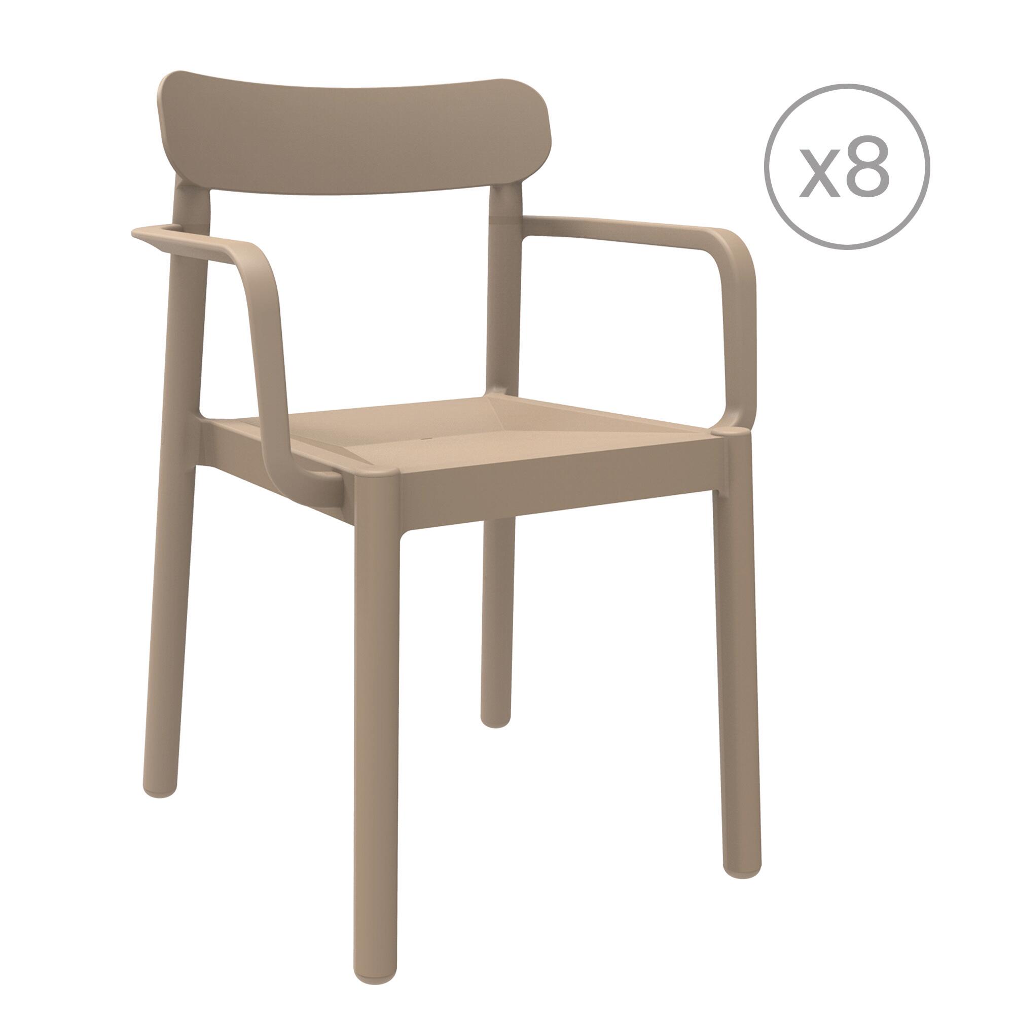 pack 8 sillas de jardin de exterior de resina con brazos elba marron