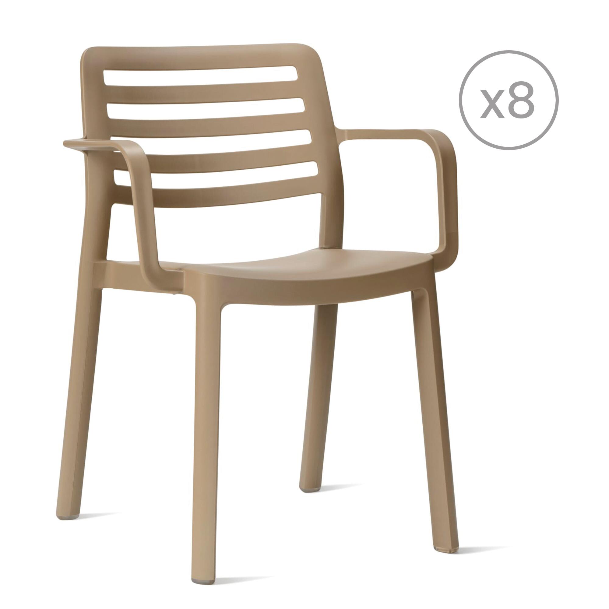 pack 8 sillas de jardin de exterior de resina con brazos wind marron