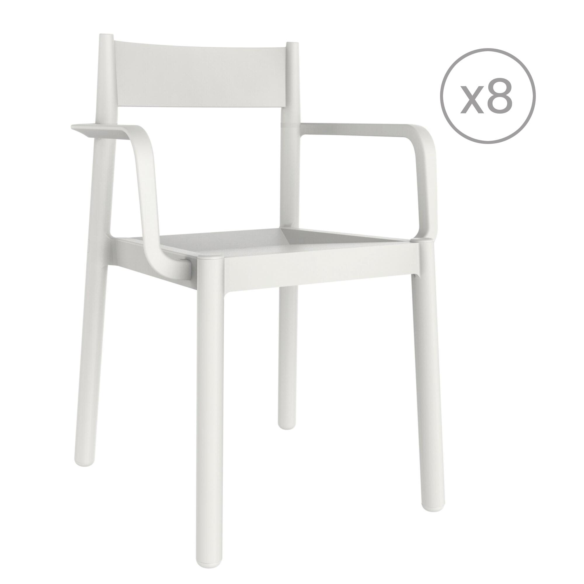 pack 8 sillas de jardin de exterior de resina con brazos danna blanco