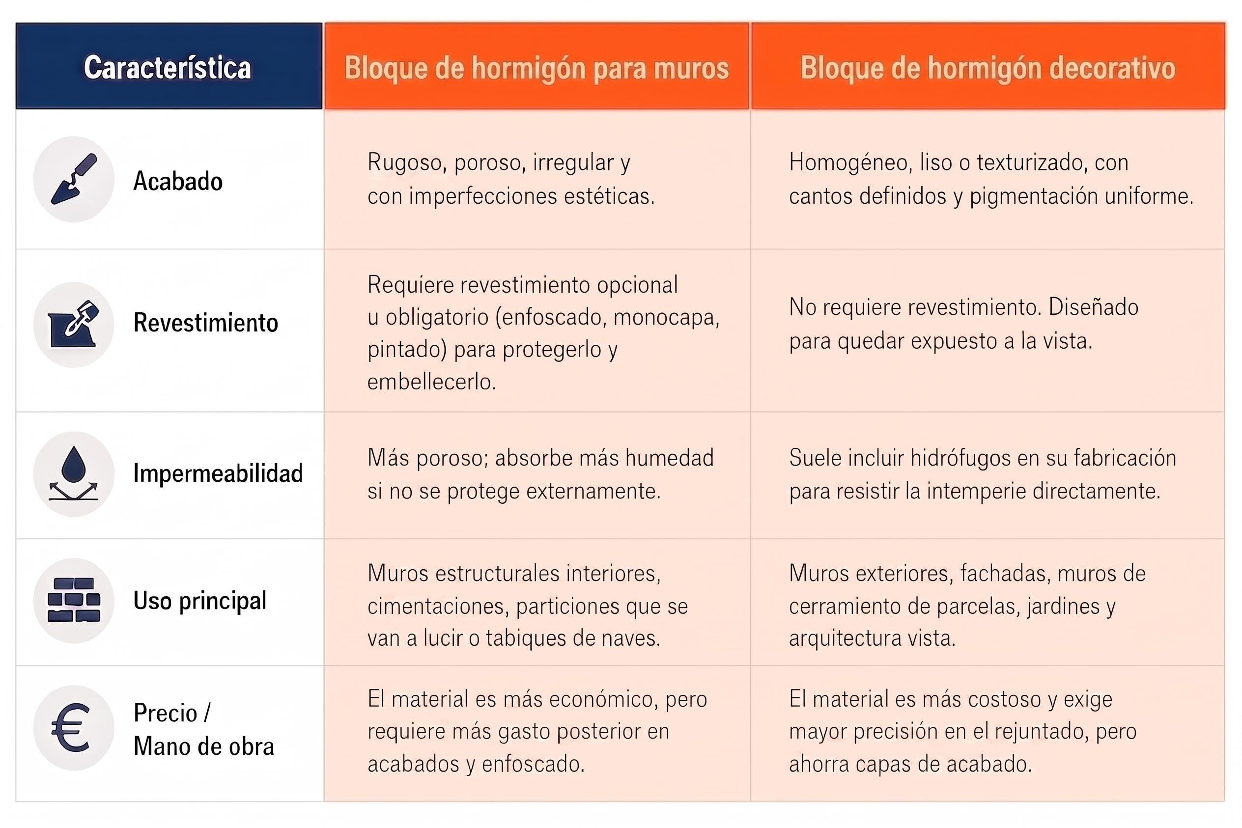 Tabla comparativa entre bloque de hormigón para muros y bloque de hormigón decorativo