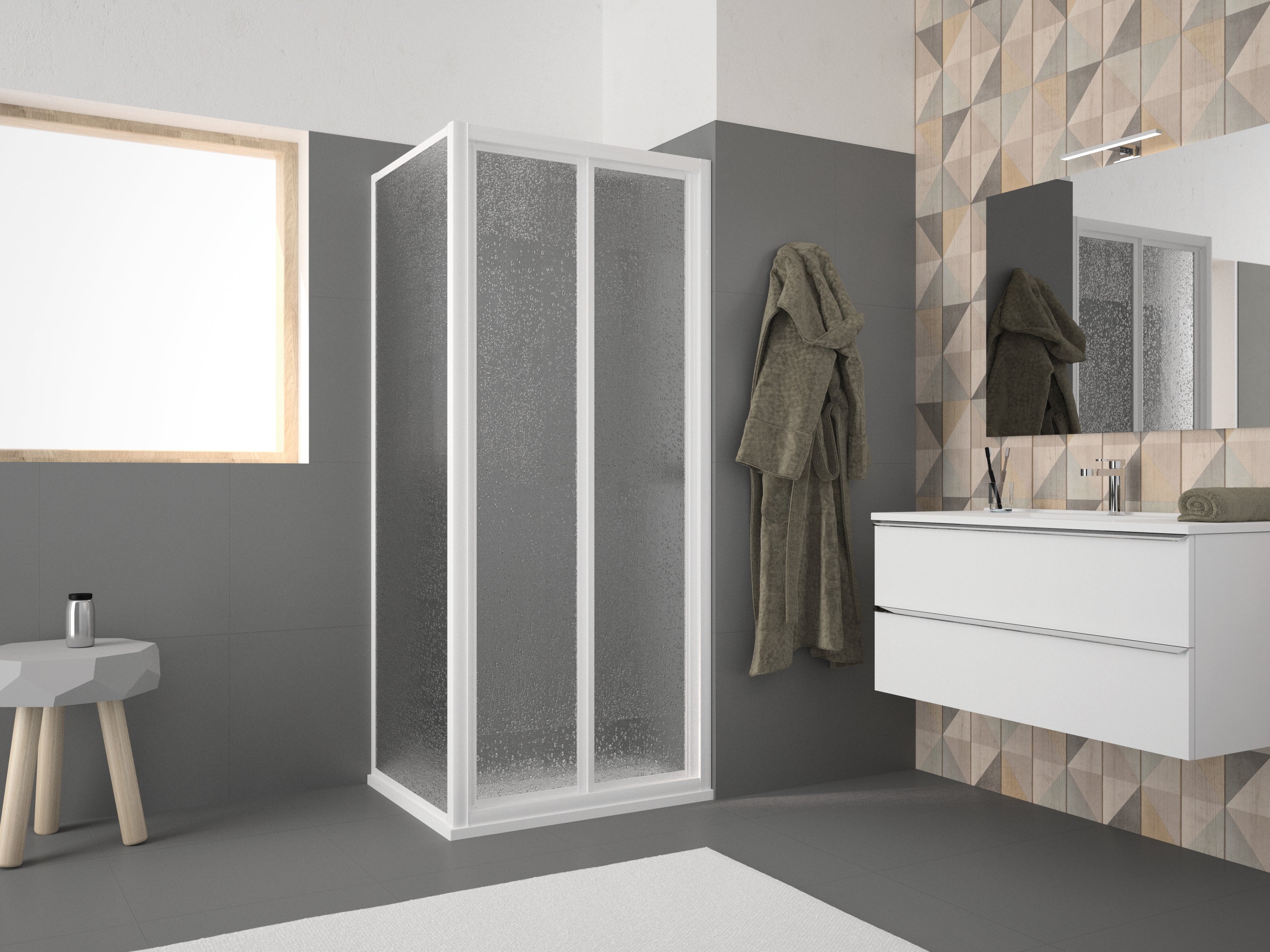 Porta doccia pieghevole Opale, L 84-90 cm x H 185 cm x SP 2.8 mm, profilo bianco, vetro smerigliato - 2