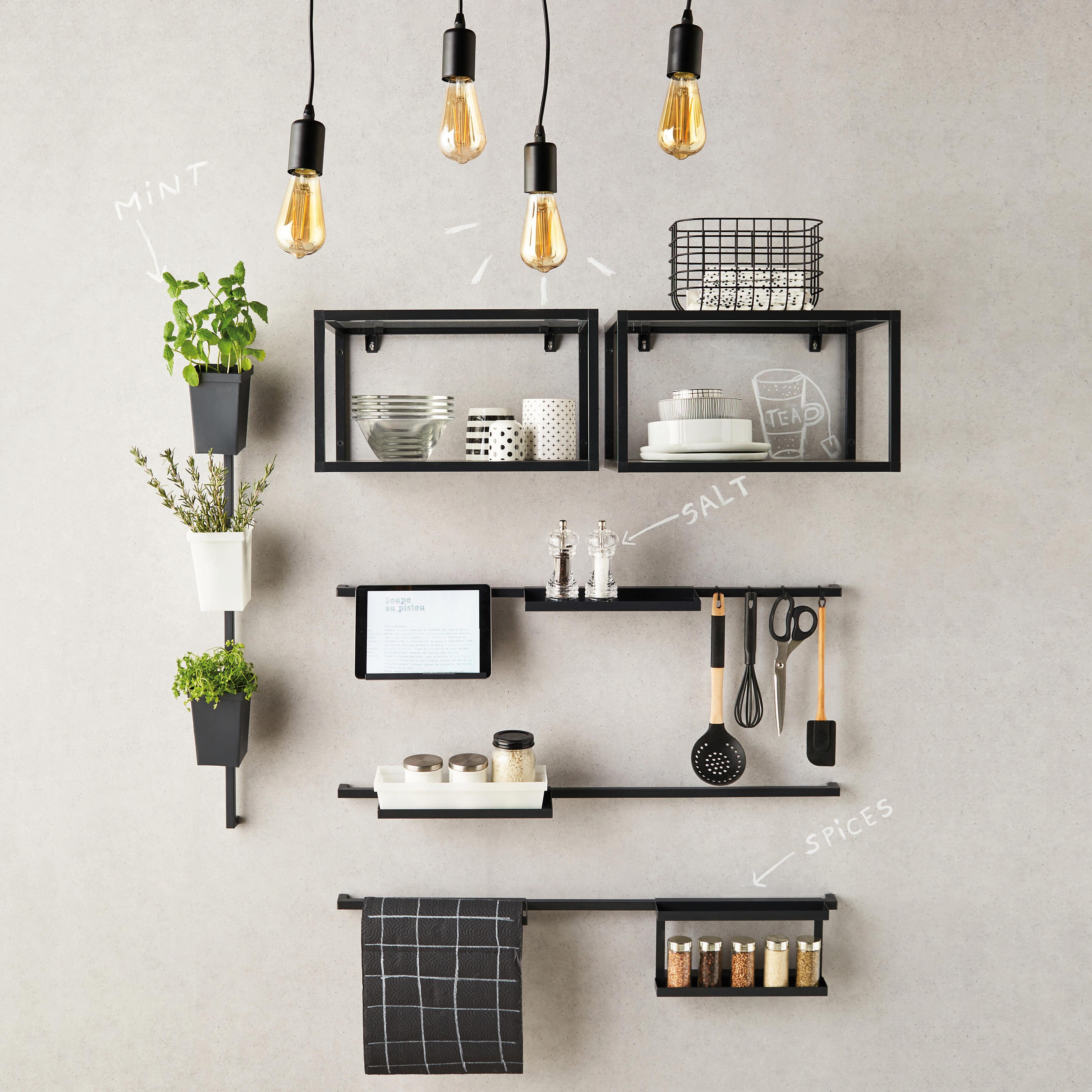 Staffa per barra a muro per accessori cucina gancio nero P 8.75 cm - 18