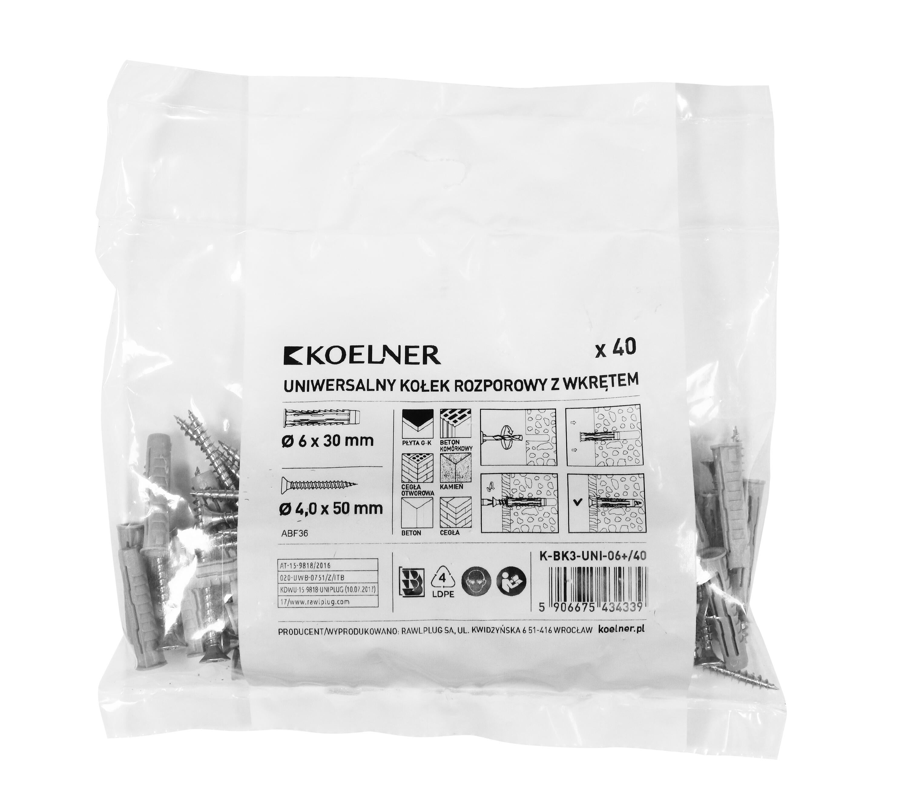 Kołek uniwersalny UNIPLUG 6x30 mm z wkrętem (40 szt.)  - 2