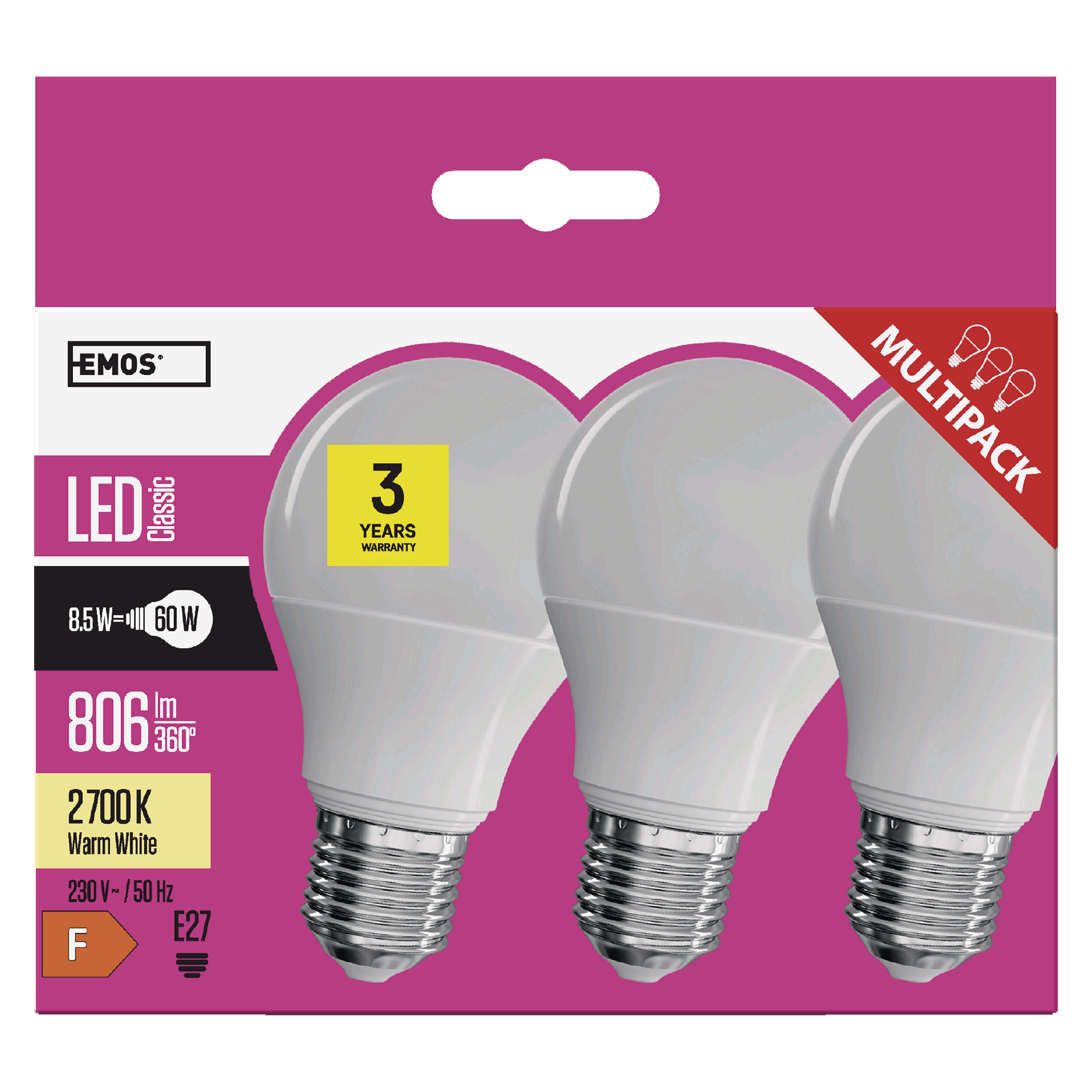 3x żarówka LED E27 A60 7W 806lm 3000K - 4