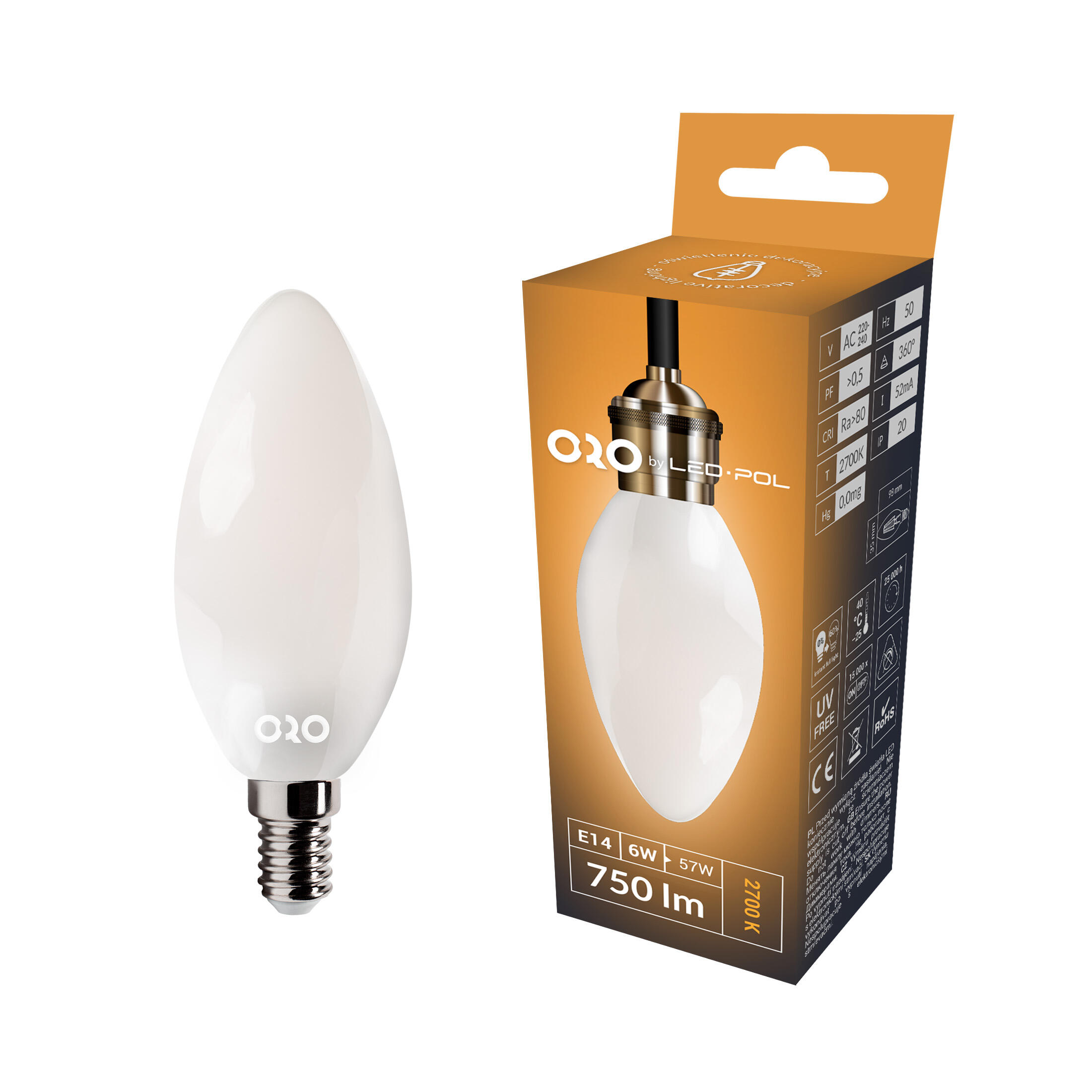 Żarówka LED E14 świeca filament C35 6W 750lm 2700K mleczny - 3