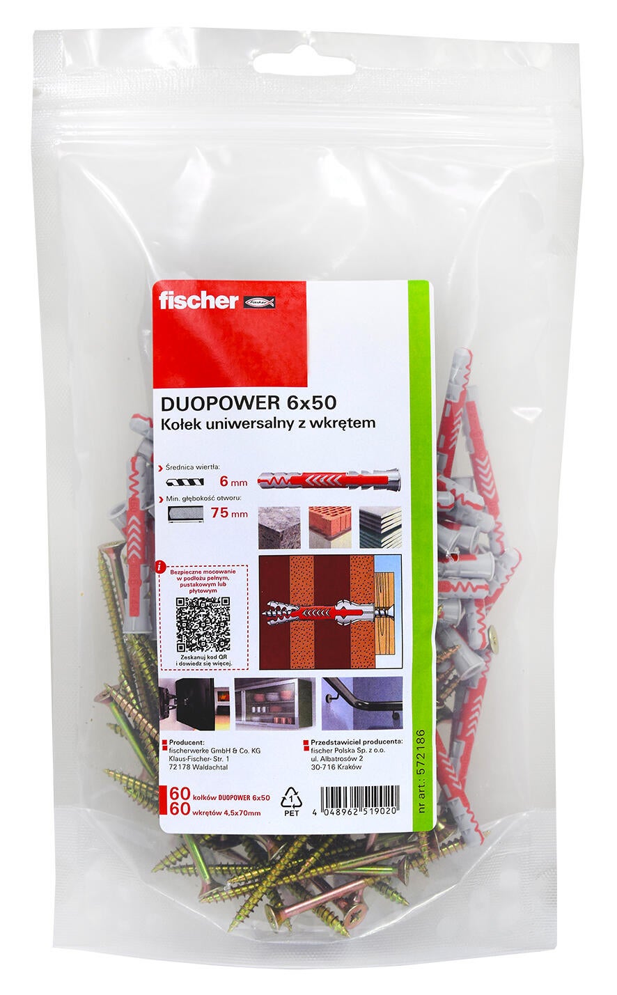 Kołek uniwersalny DUOPOWER 6x50 mm z wkrętem 60 szt. - 2