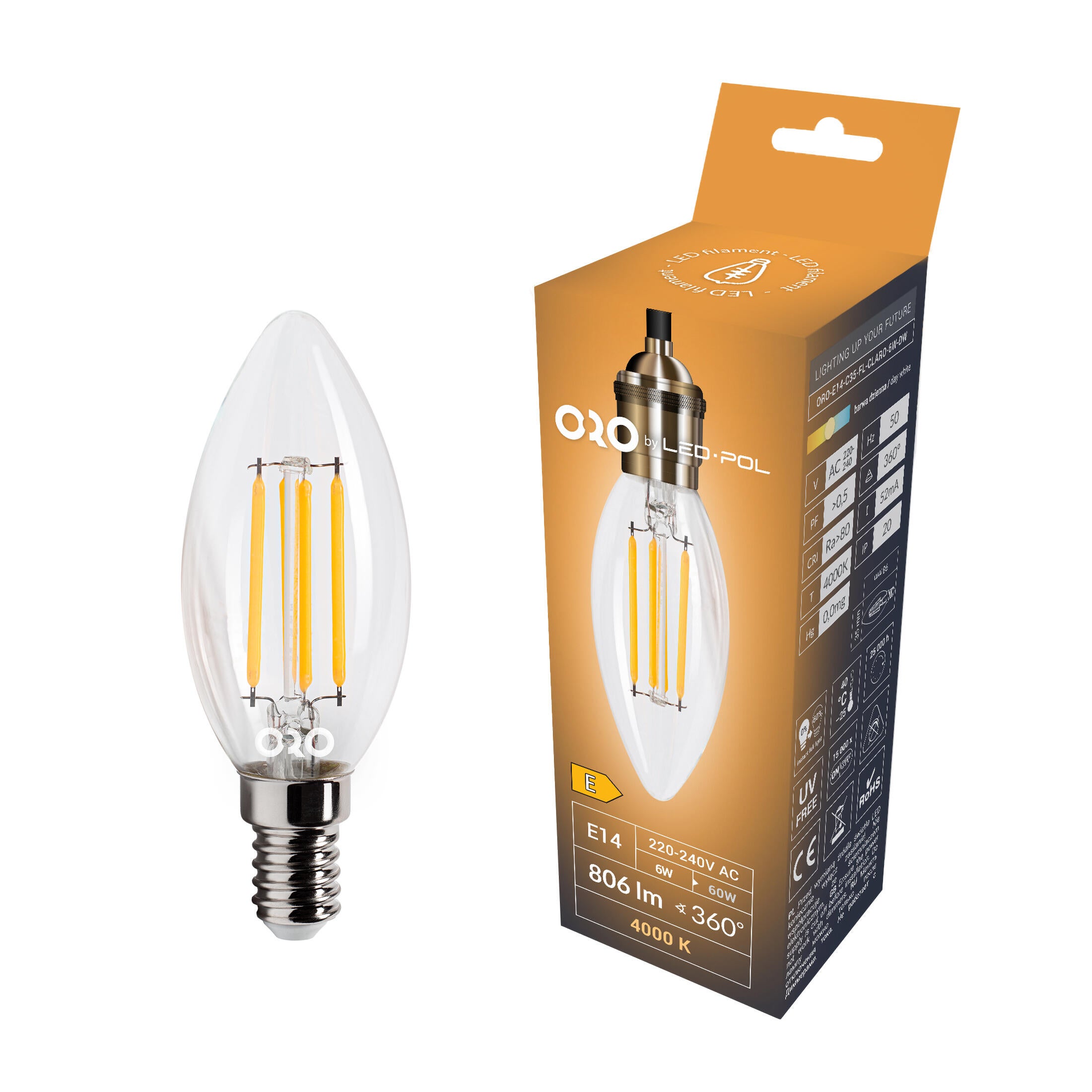 Żarówka LED E14 świeca filament C35 6W 806lm 4000K - 3