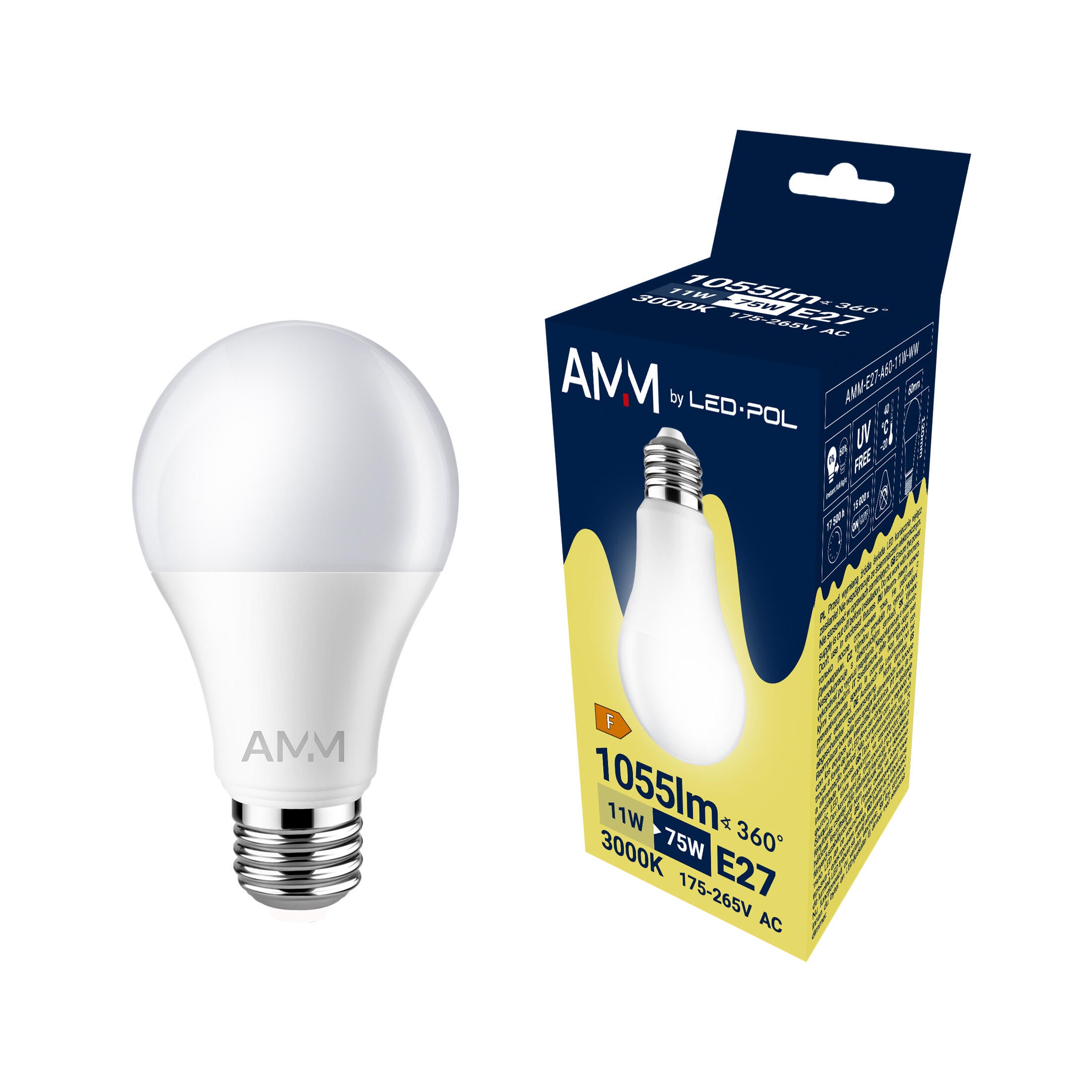 Lampa LED E27 A60 11W 1055Lm 3000K 240° Fi60x111, klasa energetyczna  F - 2